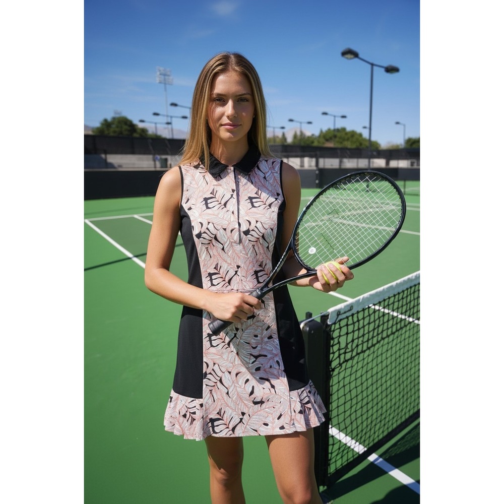 Stella Parker Sport Women XS Tennis Golf Dress‎ Tropical Palm Print Black Peach